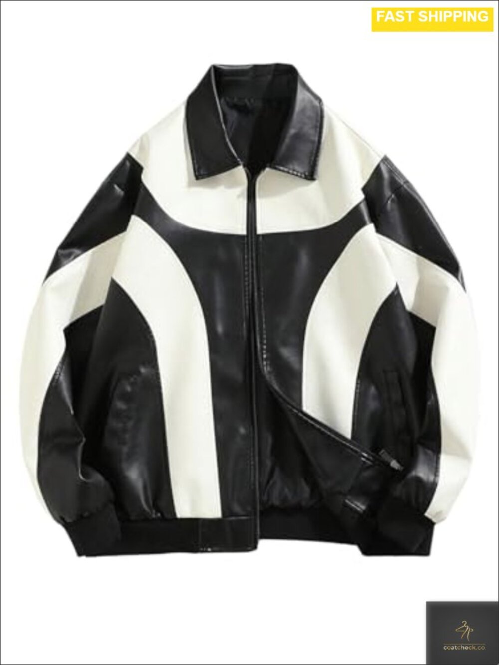 Men's PU Leather Jacket Color Block Motorcycle Coat Zip Up Long Sleeve